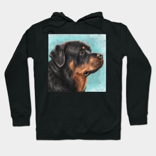 Painting of an Adorable Rottweiler from the Side, Light Blue Spattered Background Hoodie